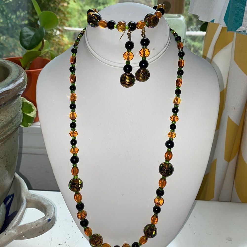 3-Piece Vtg Gold Foil Swirl Art Glass Jewelry Necklace Bracelet & Earring Set